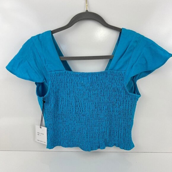Japna Halter Crop Top Blue Wrap smocked Linen Blend Size L - Picture 2 of 7